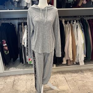 Kori Light Grey Hooded Lounge Set with Leopard-Trim Pants